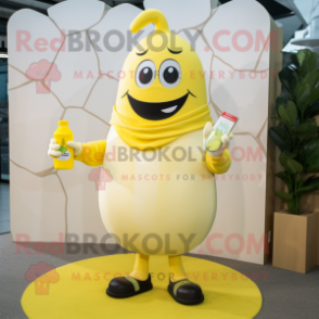 Lemon Yellow Bottle Of Milk mascot costume character dressed with a Blazer and Mittens