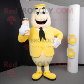 Lemon Yellow Bottle Of Milk mascot costume character dressed with a Blazer and Mittens