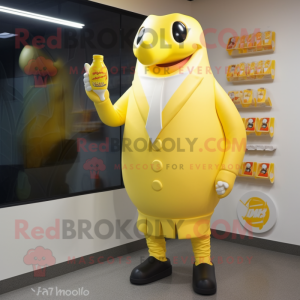 Lemon Yellow Bottle Of Milk mascot costume character dressed with a Blazer and Mittens