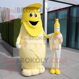 Lemon Yellow Bottle Of Milk mascot costume character dressed with a Blazer and Mittens