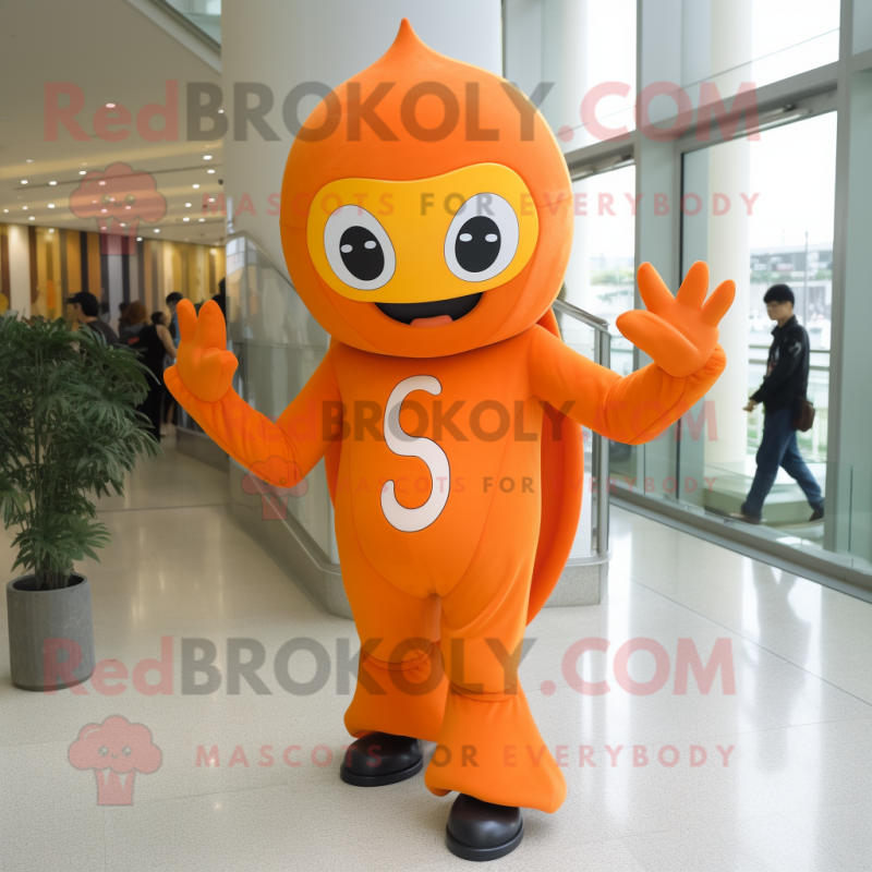Orange Superhero mascot costume character dressed with a Empire Waist Dress and Caps Orange Superhero mascot costume character dressed with a Empire Waist Dress and Caps