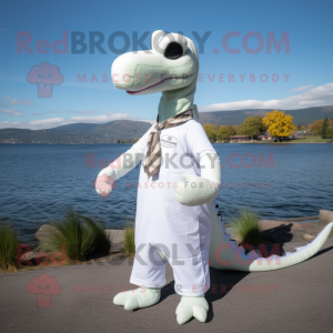 White Loch Ness Monster mascot costume character dressed with a Dress Pants and Scarf clips