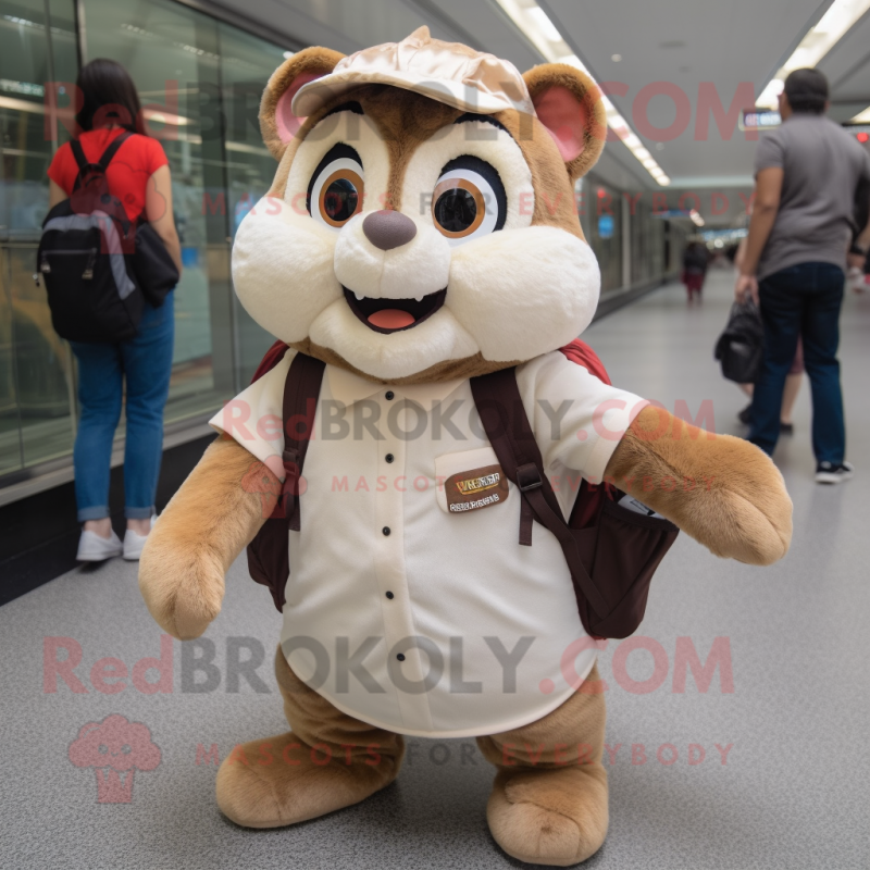 Beige Chipmunk mascot costume character dressed with a A-Line Dress and Backpacks Beige Chipmunk mascot costume character dressed with a A-Line Dress and Backpacks