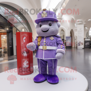 Lavender British Royal Guard mascot costume character dressed with a Wrap Dress and Messenger bags