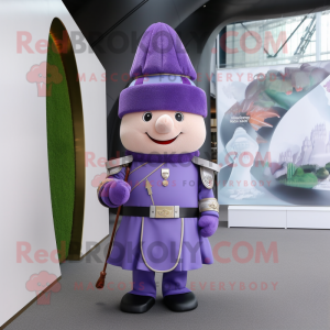 Lavender British Royal Guard mascot costume character dressed with a Wrap Dress and Messenger bags