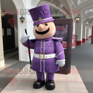 Lavender British Royal Guard mascot costume character dressed with a Wrap Dress and Messenger bags