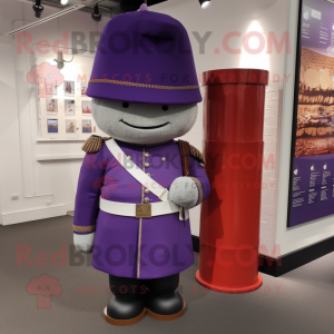 Lavender British Royal Guard mascot costume character dressed with a Wrap Dress and Messenger bags