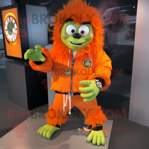 Orange Frankenstein'S Monster mascot costume character dressed with a Windbreaker and Bracelet watches