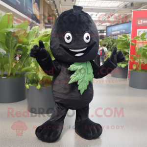 Black Spinach mascot costume character dressed with a T-Shirt and Foot pads