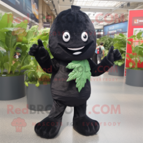 Black Spinach mascot costume character dressed with a T-Shirt and Foot pads