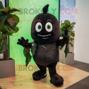 Black Spinach mascot costume character dressed with a T-Shirt and Foot pads