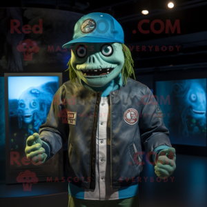 Cyan Zombie mascot costume character dressed with a Jacket and Caps