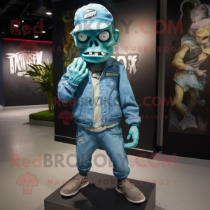 Cyan Zombie mascot costume character dressed with a Jacket and Caps