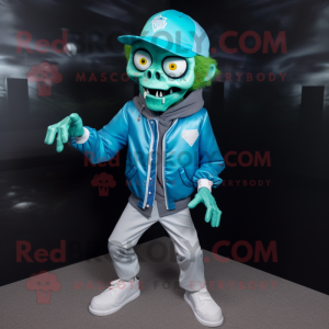 Cyan Zombie mascot costume character dressed with a Jacket and Caps