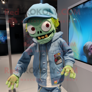 Cyan Zombie mascot costume character dressed with a Jacket and Caps