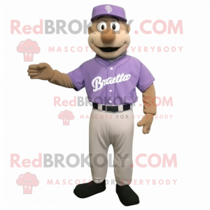 Lavender Baseball Glove mascot costume character dressed with a Corduroy Pants and Suspenders