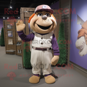 Lavender Baseball Glove mascot costume character dressed with a Corduroy Pants and Suspenders