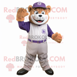 Lavender Baseball Glove mascot costume character dressed with a Corduroy Pants and Suspenders