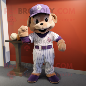 Lavender Baseball Glove mascot costume character dressed with a Corduroy Pants and Suspenders