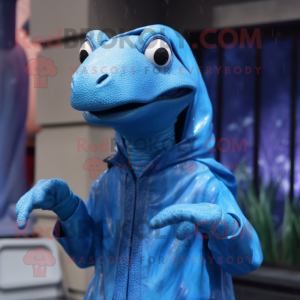 Blue Coelophysis mascot costume character dressed with a Raincoat and Mittens