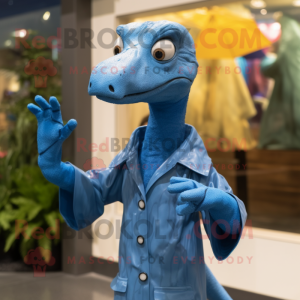 Blue Coelophysis mascot costume character dressed with a Raincoat and Mittens