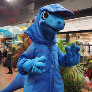 Blue Coelophysis mascot costume character dressed with a Raincoat and Mittens