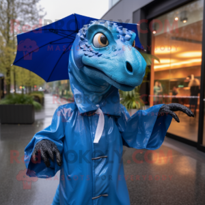 Blue Coelophysis mascot costume character dressed with a Raincoat and Mittens