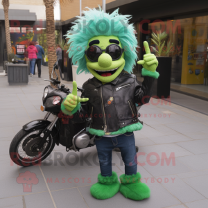 Green Paella mascot costume character dressed with a Biker Jacket and Hair clips