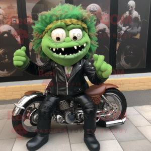 Green Paella mascot costume character dressed with a Biker Jacket and Hair clips