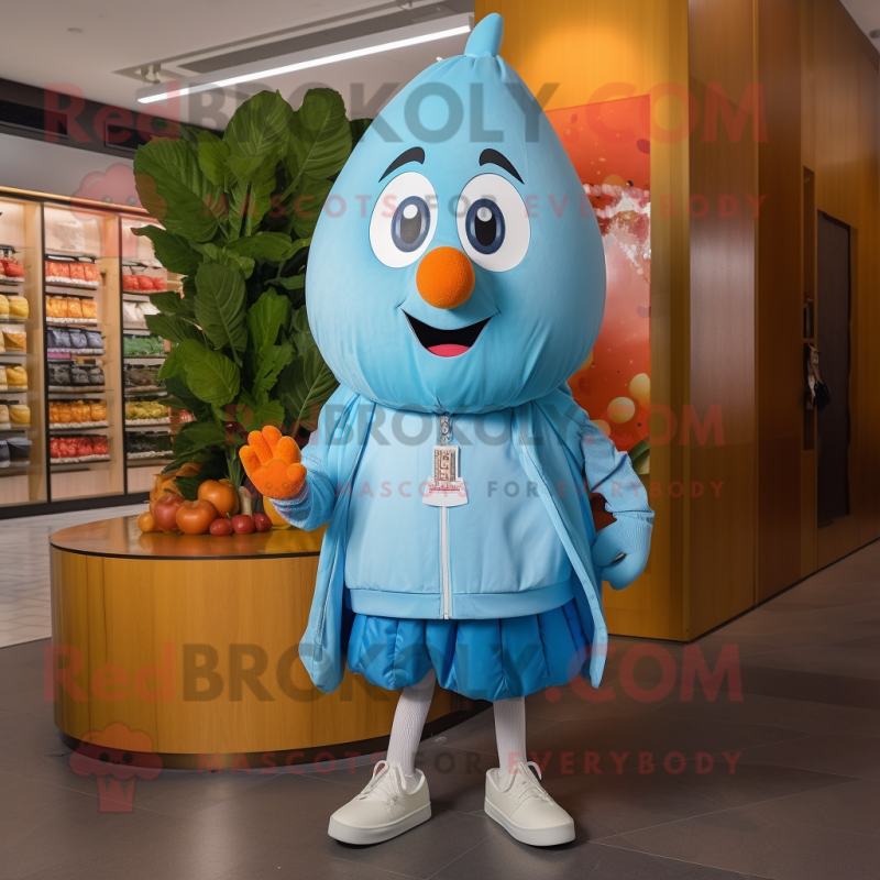 Sky Blue Melon mascot costume character dressed with a Windbreaker and Scarves