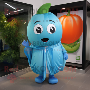 Sky Blue Melon mascot costume character dressed with a Windbreaker and Scarves