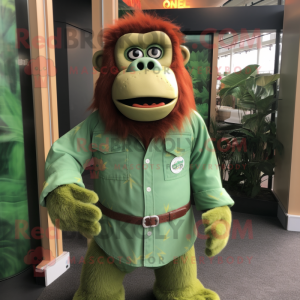 Green Orangutan mascot costume character dressed with a Button-Up Shirt and Cummerbunds