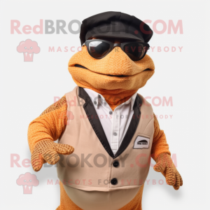 Peach Komodo Dragon mascot costume character dressed with a Waistcoat and Eyeglasses