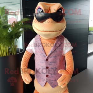 Peach Komodo Dragon mascot costume character dressed with a Waistcoat and Eyeglasses