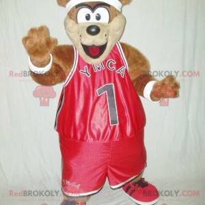 Mascotte bruine teddybeer in rode sportkleding - Redbrokoly.com