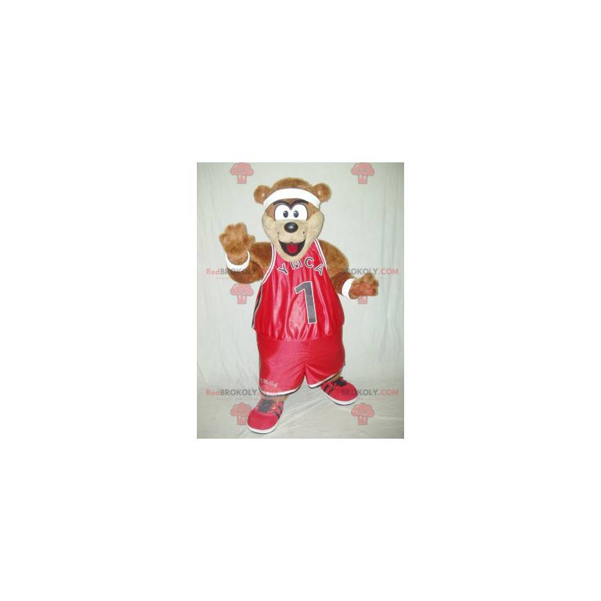 Mascotte de nounours marron en tenue de sport rouge -