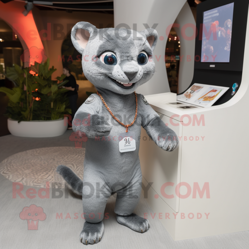 Silver Jaguarundi mascot costume character dressed with a Polo Tee and Keychains Silver Jaguarundi mascot costume character dressed with a Polo Tee and Keychains