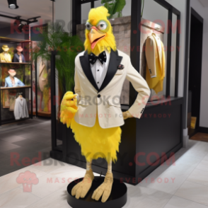 Lemon Yellow Roosters mascot costume character dressed with a Tuxedo and Bow ties