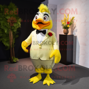 Lemon Yellow Roosters mascot costume character dressed with a Tuxedo and Bow ties