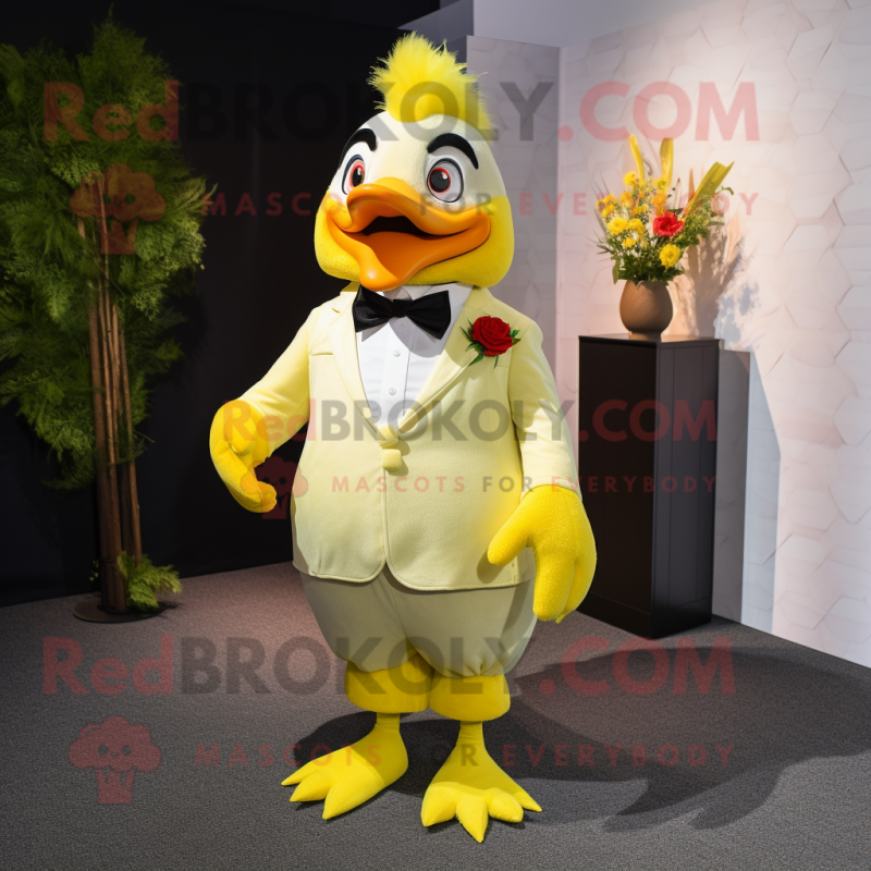 Lemon Yellow Roosters mascot costume character dressed with a Tuxedo and Bow ties