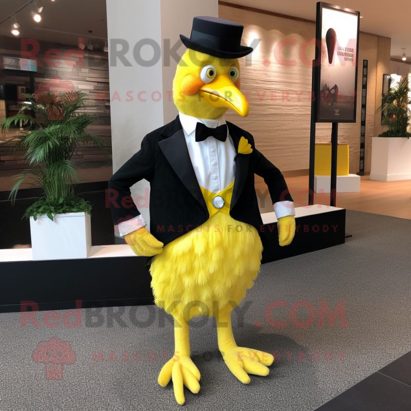 Lemon Yellow Roosters mascot costume character dressed with a Tuxedo and Bow ties