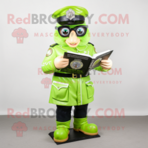 Lime Green Police Officer mascot costume character dressed with a Parka and Reading glasses