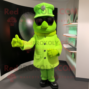 Lime Green Police Officer mascot costume character dressed with a Parka and Reading glasses