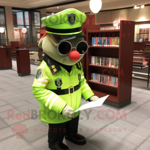 Lime Green Police Officer mascot costume character dressed with a Parka and Reading glasses