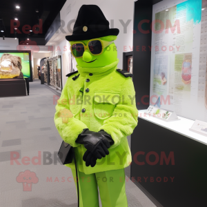 Lime Green Police Officer mascot costume character dressed with a Parka and Reading glasses