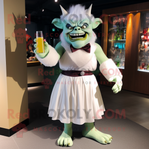 White Ogre mascot costume character dressed with a Cocktail Dress and Bow ties