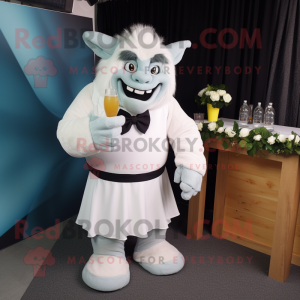 White Ogre mascot costume character dressed with a Cocktail Dress and Bow ties
