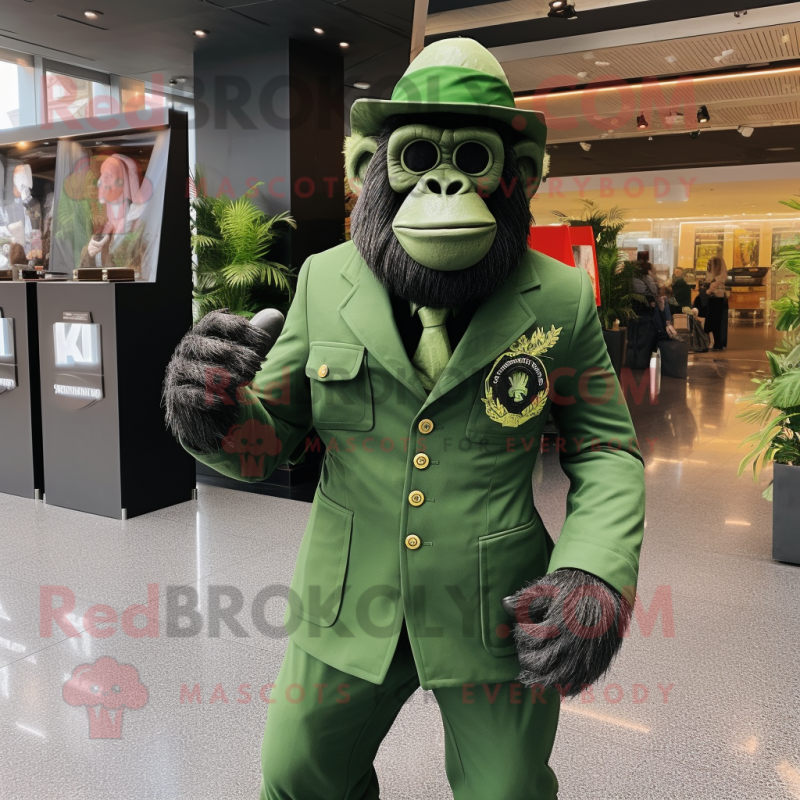 Green Gorilla mascot costume character dressed with a Suit Jacket and Berets Green Gorilla mascot costume character dressed with a Suit Jacket and Berets