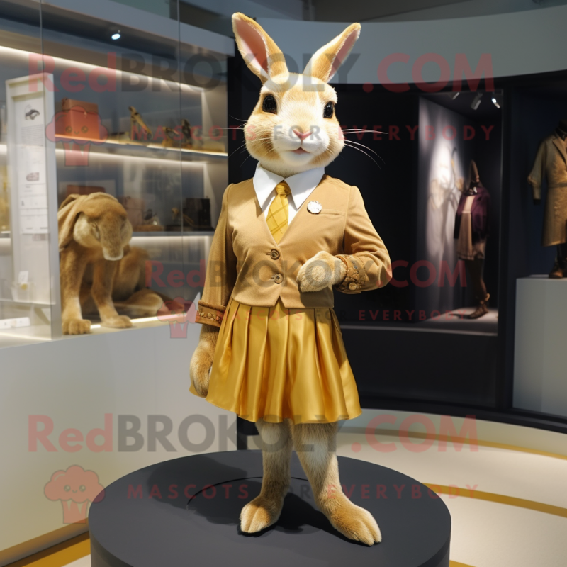 Gold Wild Rabbit mascot costume character dressed with a Mini Skirt and Ties