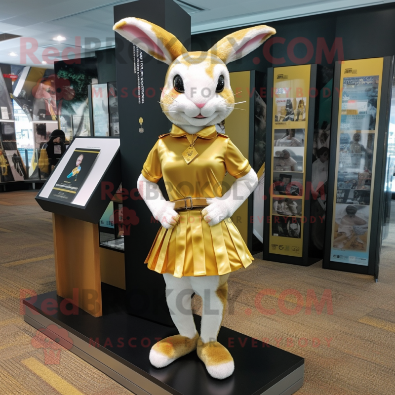 Gold Wild Rabbit mascot costume character dressed with a Mini Skirt and Ties